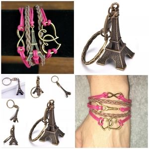Eiffel Tower Paris Keychain Infinity Heart Adjustable Layered Charm Bracelet Set